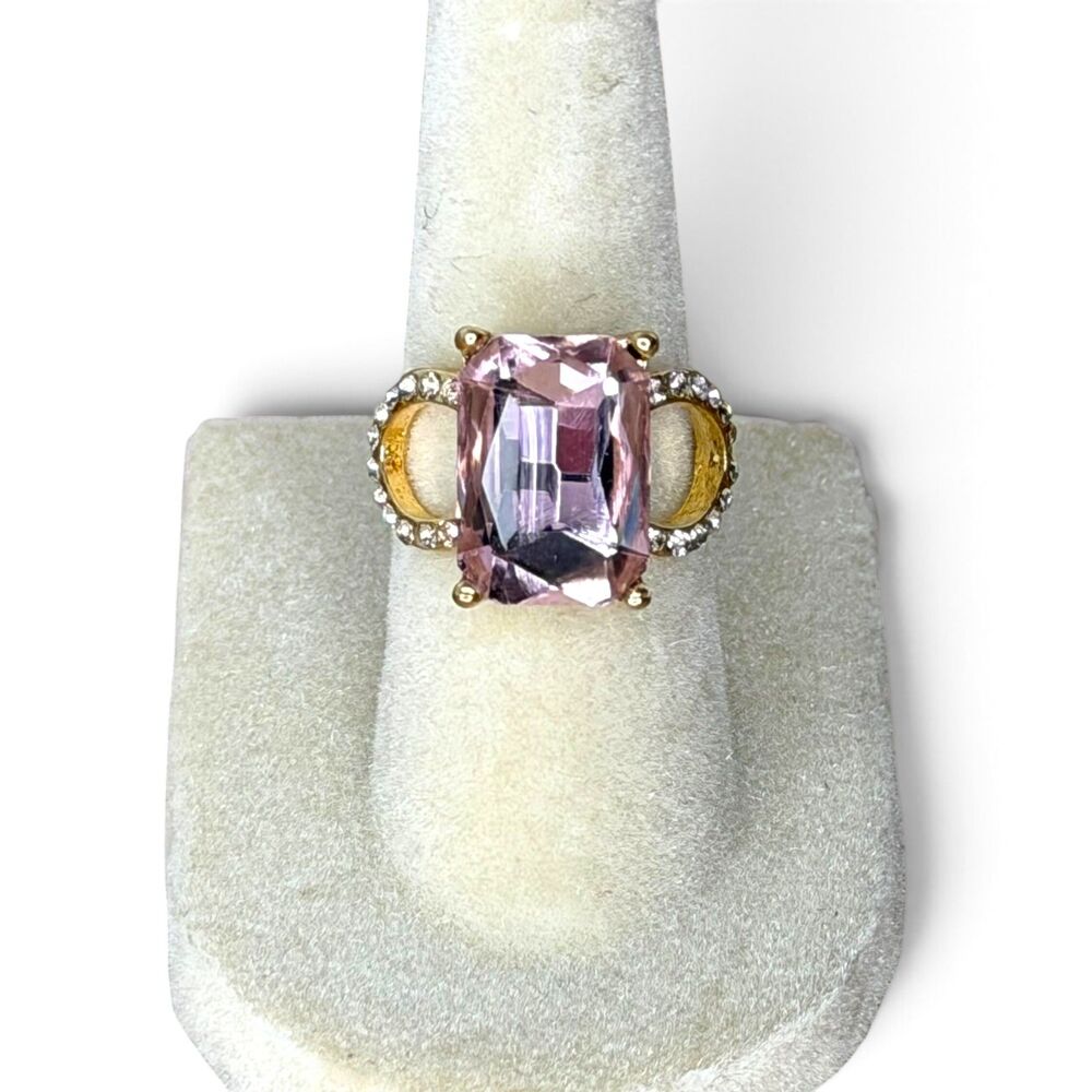 Gold Tone Pink Emerald Cut Cocktail Ring